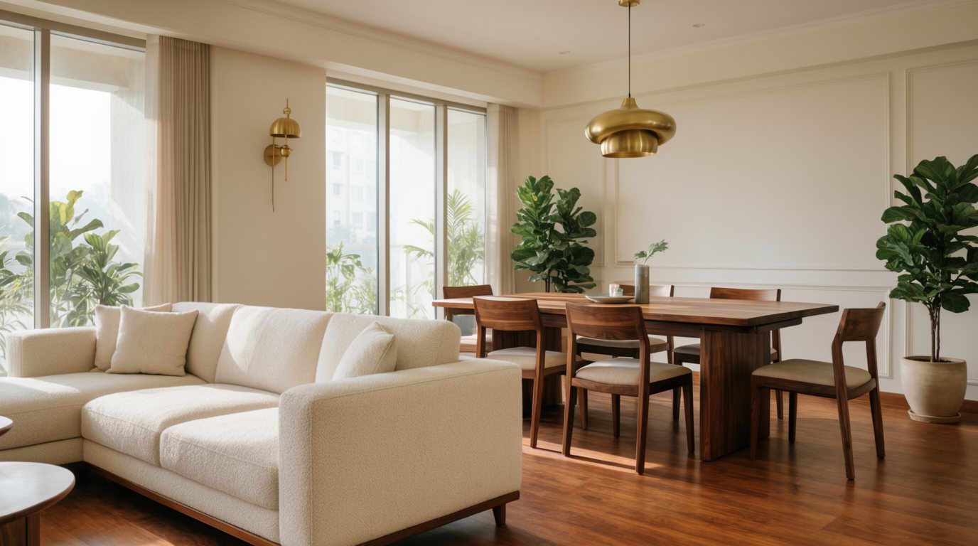 Stylish 2BHK apartment living and dining interior in Bengaluru