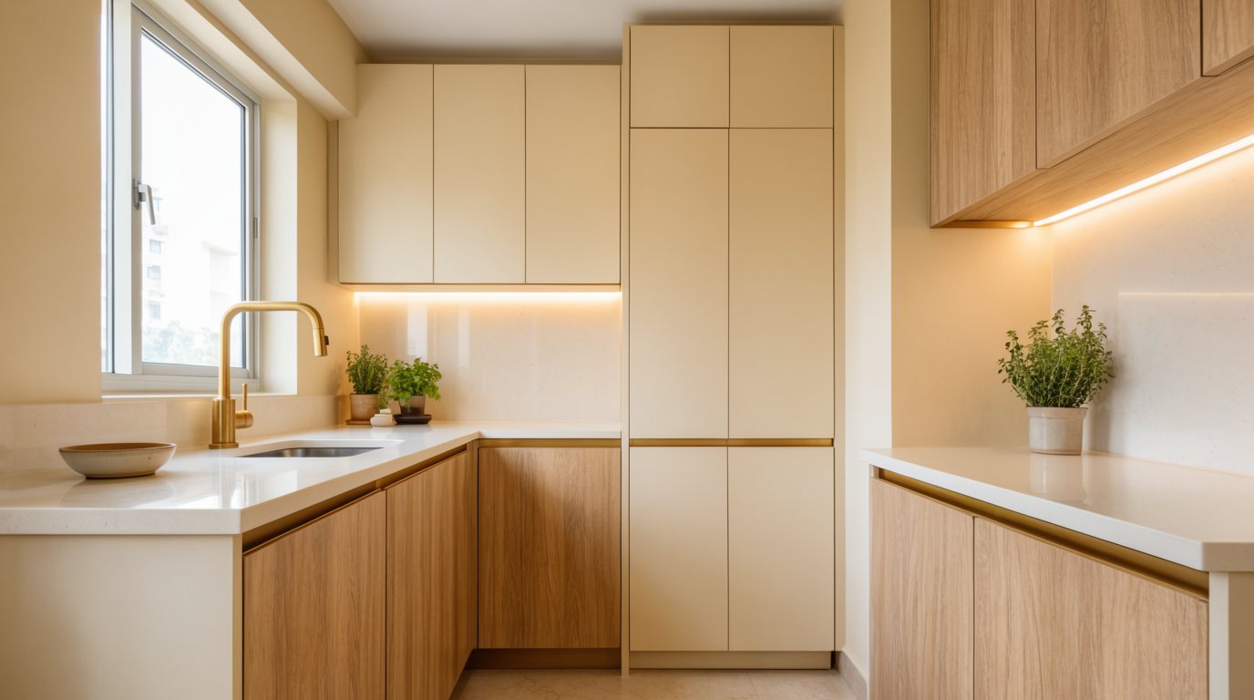 Compact modular kitchen with tall storage in a Bengaluru apartment