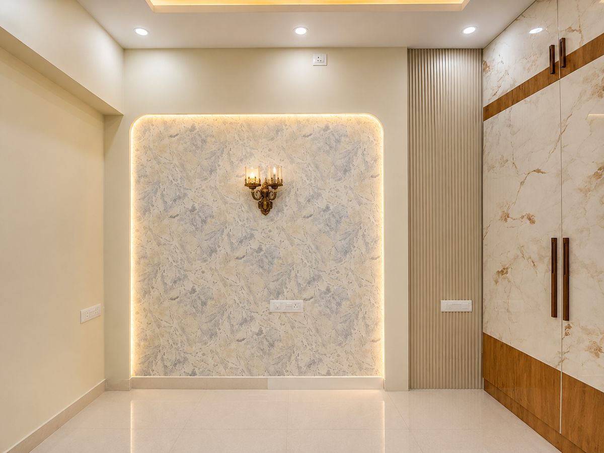 Marble accent wall with a wardrobe, Bengaluru interior by LuxeMorph Studios