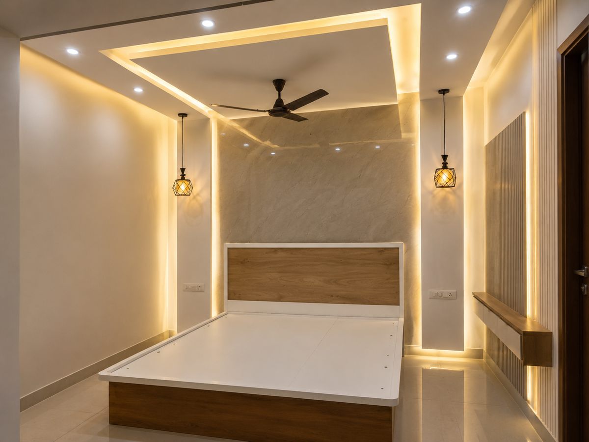 Platform bed with pendant lighting, Bengaluru interior by LuxeMorph Studios