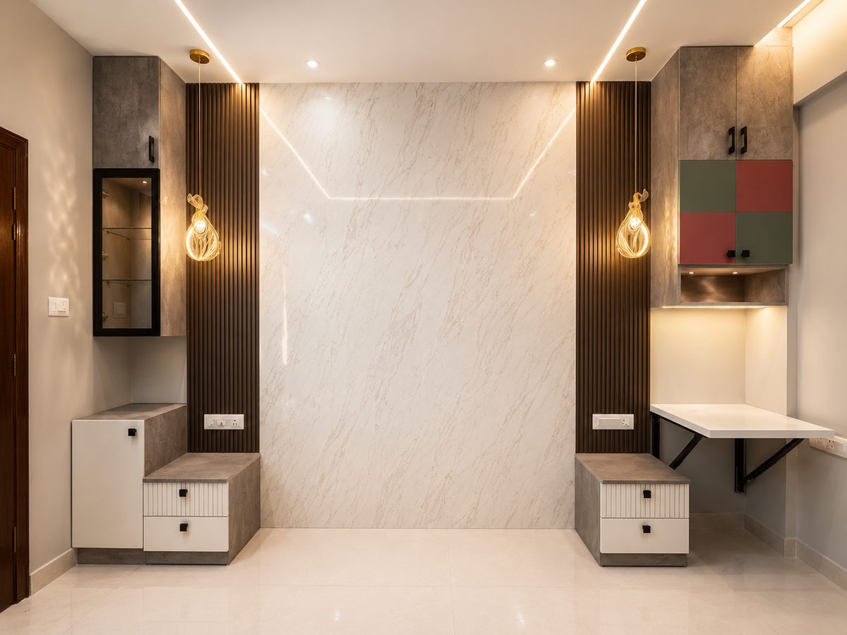 Console with marble panelling & pendant lights, Bengaluru interior by LuxeMorph Studios