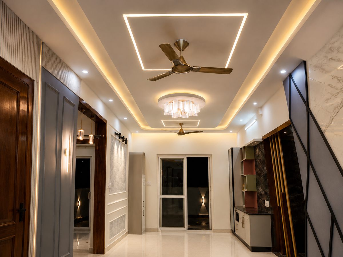 Full-home passage with layered false-ceiling lighting, Bengaluru interior by LuxeMorph Studios