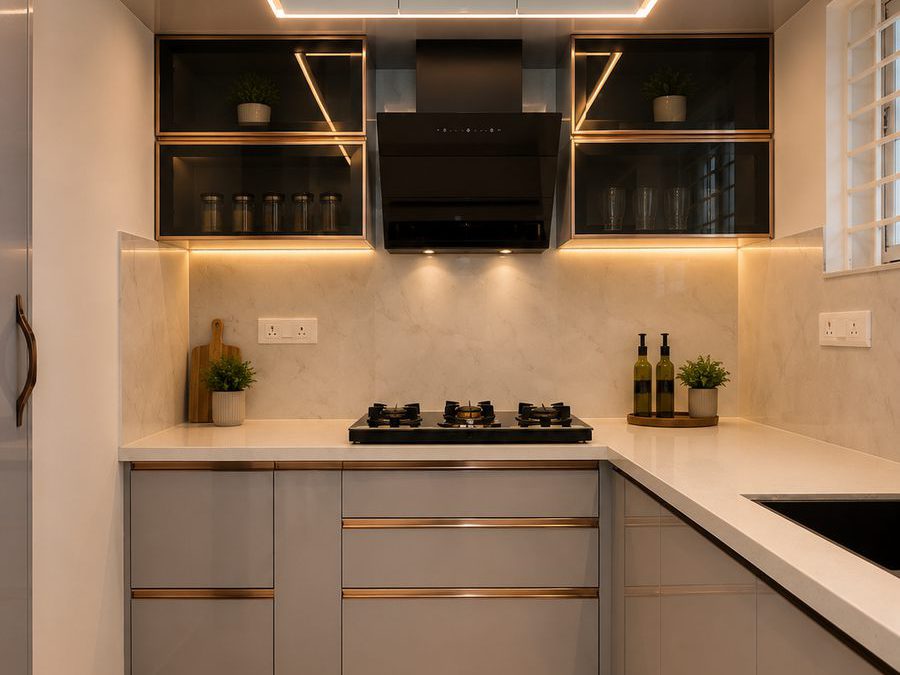 Compact grey U-shaped kitchen with black-glass cabinets, Bengaluru interior by LuxeMorph Studios
