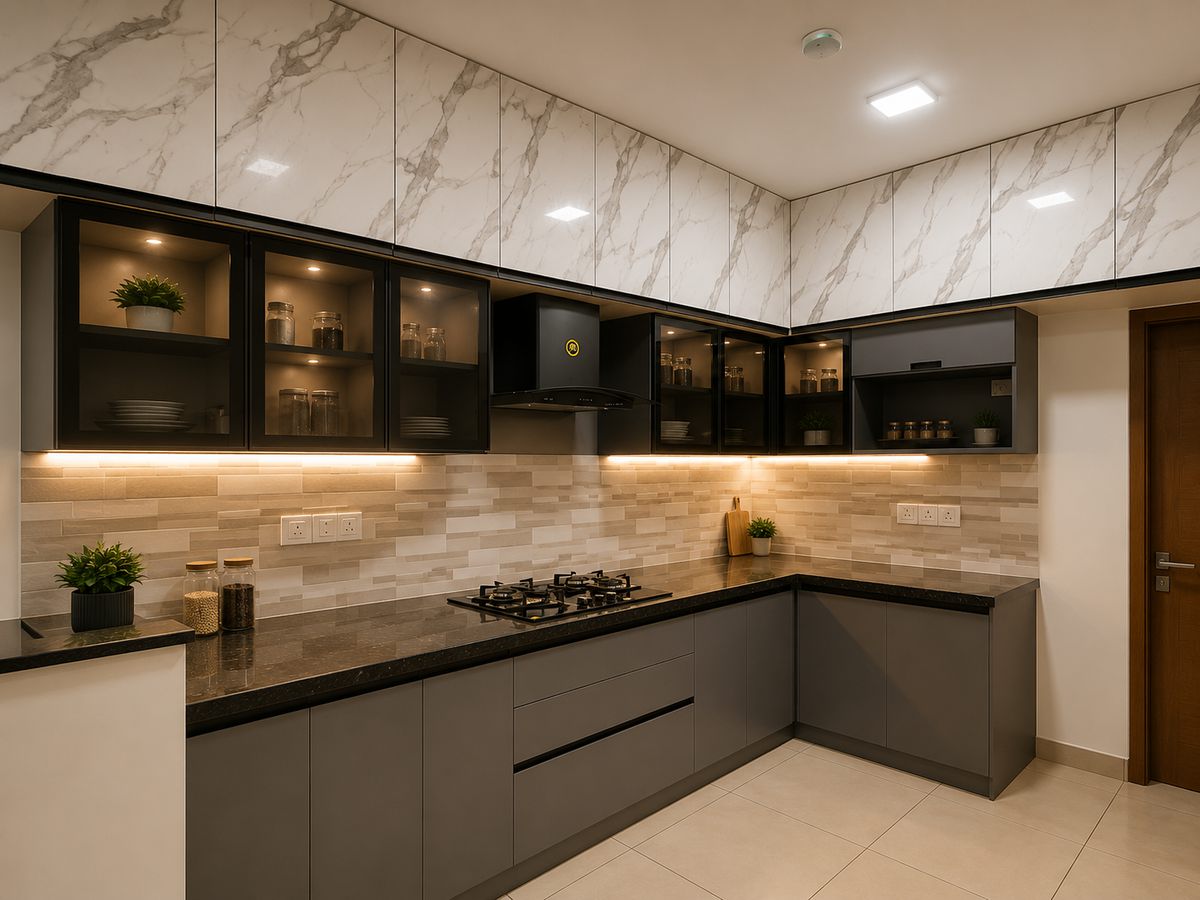 L-shaped kitchen in grey & marble, Bengaluru interior by LuxeMorph Studios