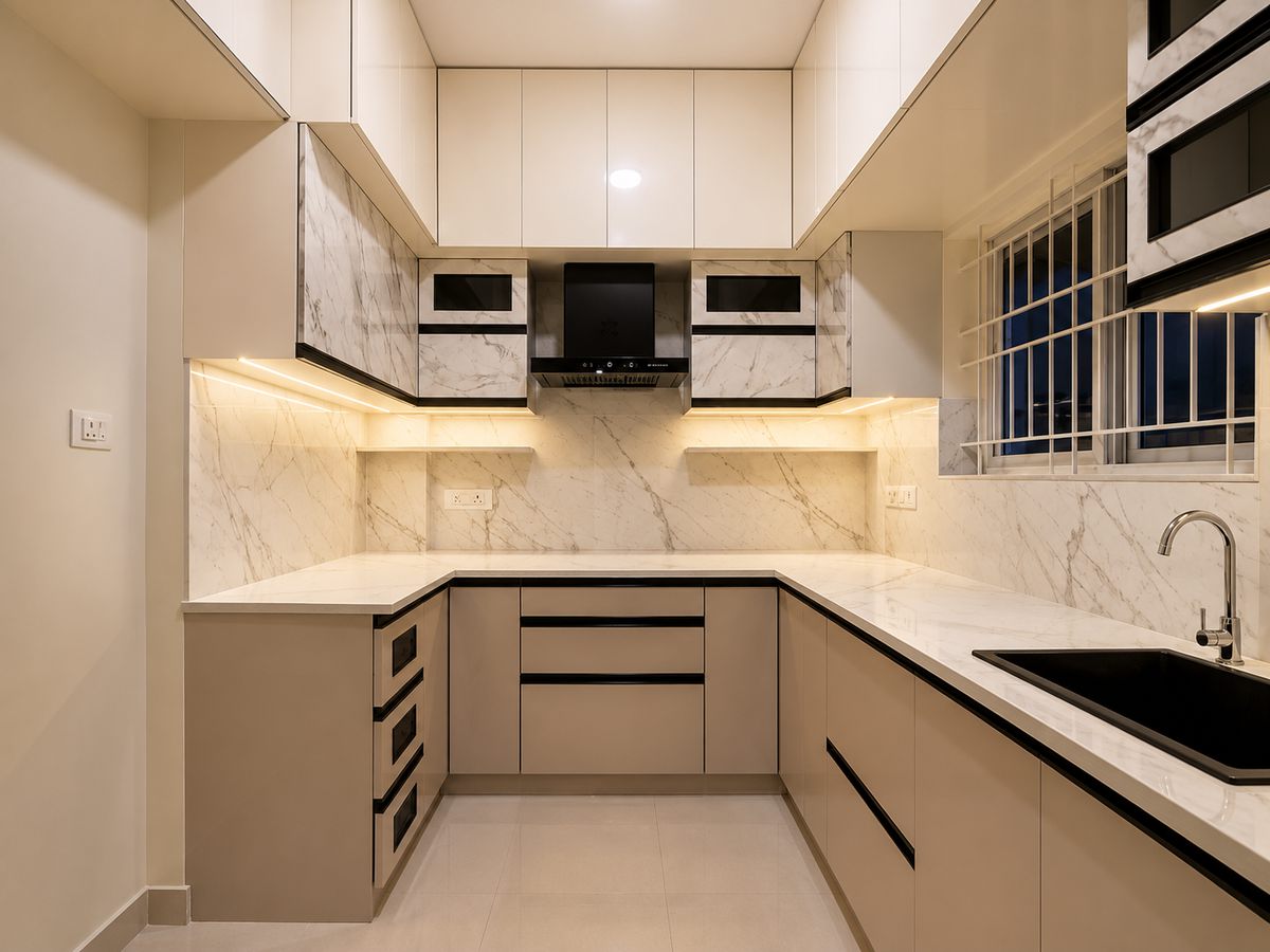 L-shaped kitchen in white marble, Bengaluru interior by LuxeMorph Studios