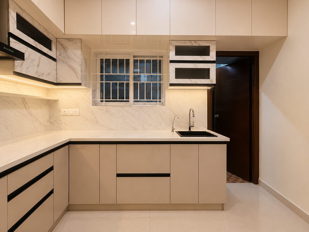 Marble kitchen with a sink at the window, Bengaluru interior by LuxeMorph Studios
