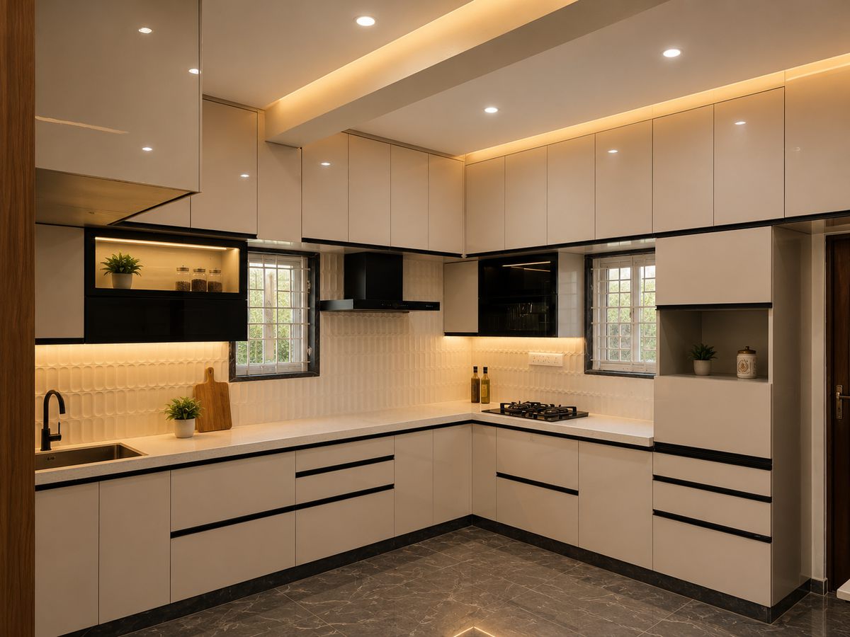 Large L-shaped white modular kitchen, Bengaluru interior by LuxeMorph Studios