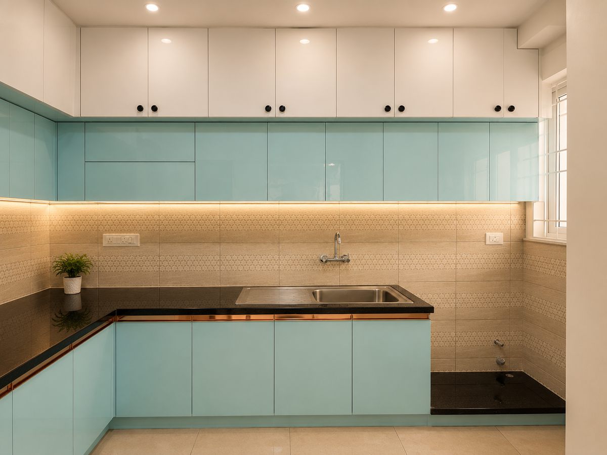 Straight kitchen in mint & white, Bengaluru interior by LuxeMorph Studios