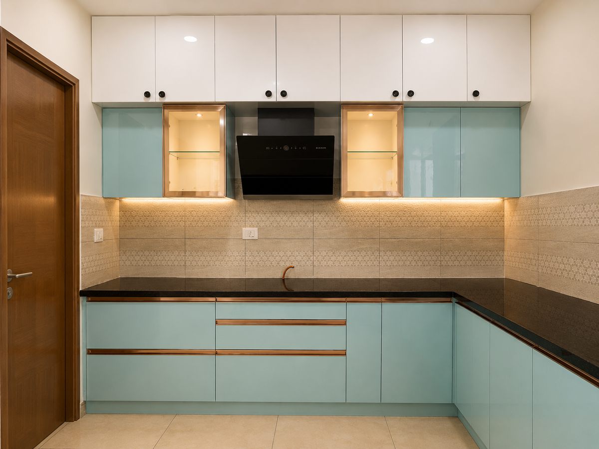 U-shaped kitchen in mint & white, Bengaluru interior by LuxeMorph Studios
