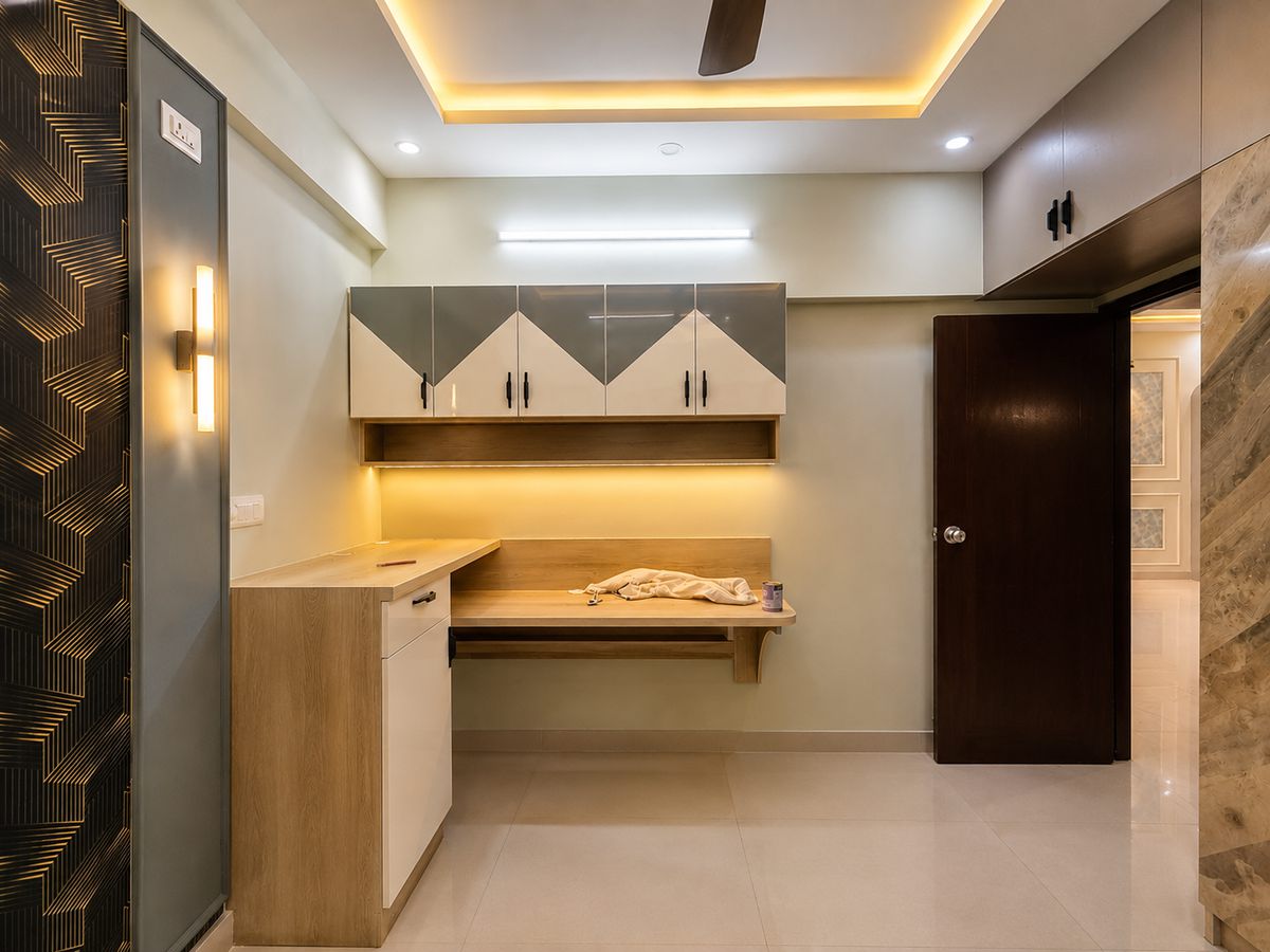 Living-dining with a slim study console, Bengaluru interior by LuxeMorph Studios