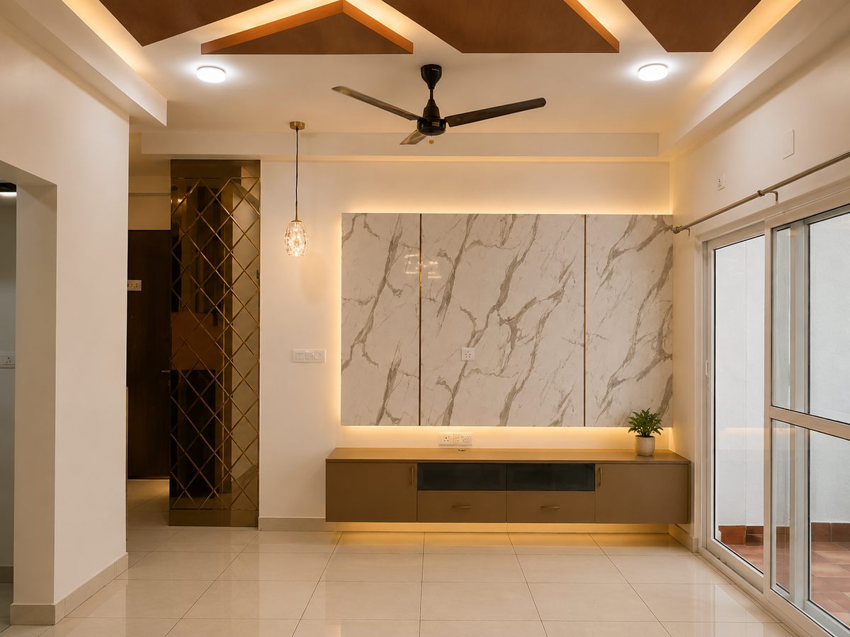 Marble accent wall with cove lighting, Bengaluru interior by LuxeMorph Studios