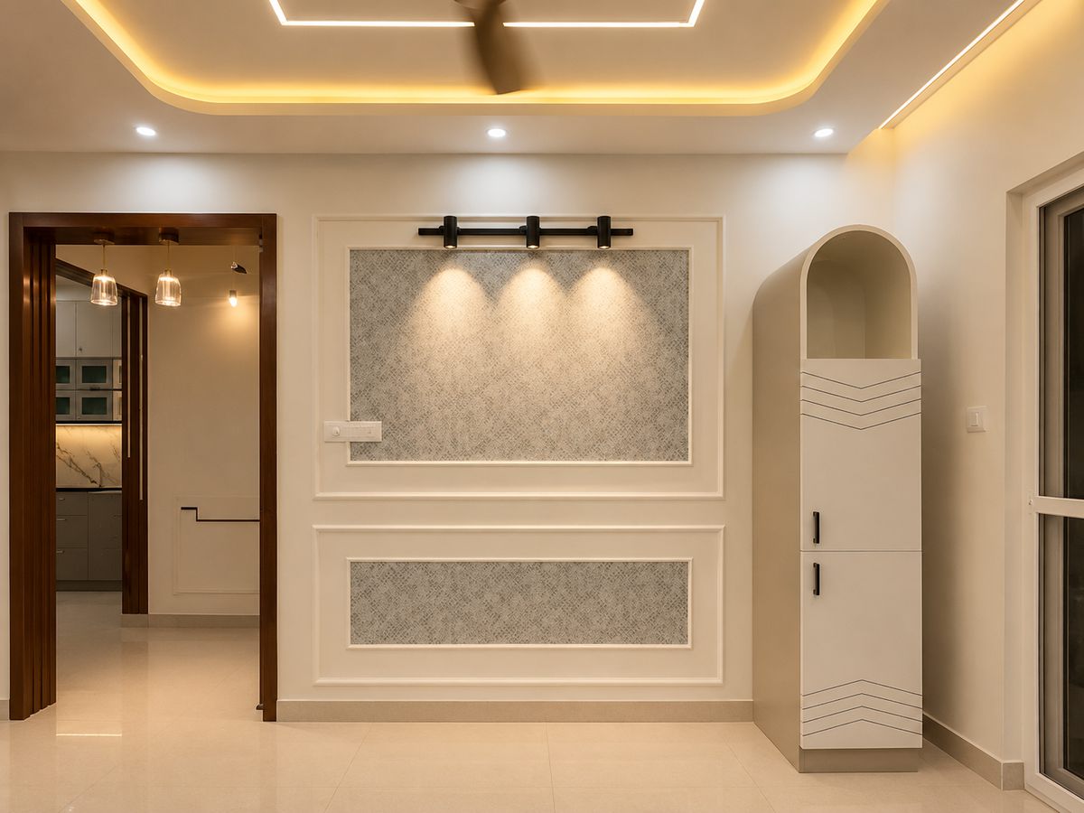 Panelled feature wall with an arch niche, Bengaluru interior by LuxeMorph Studios