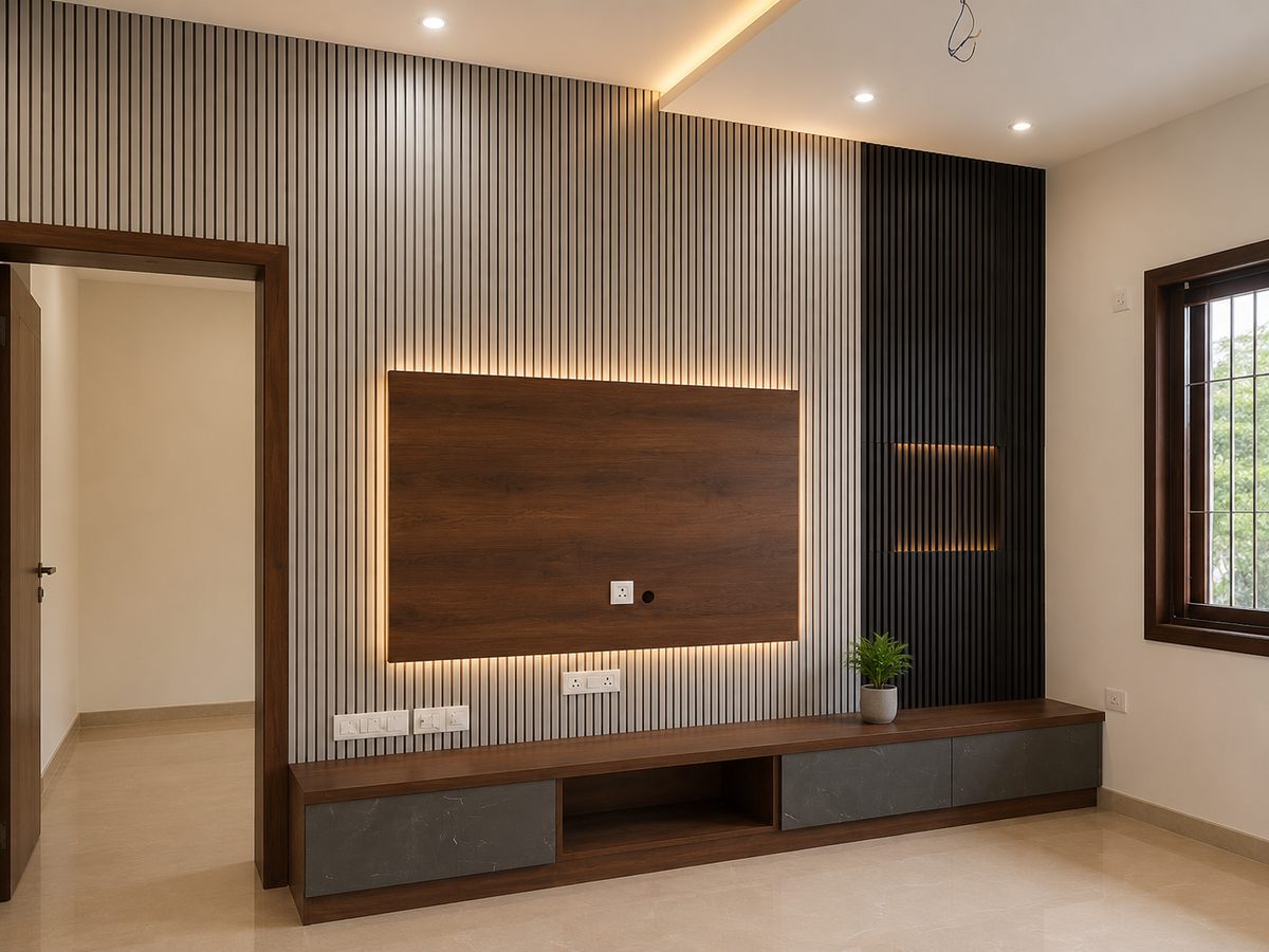 Fluted-wood & stone TV wall, Bengaluru interior by LuxeMorph Studios
