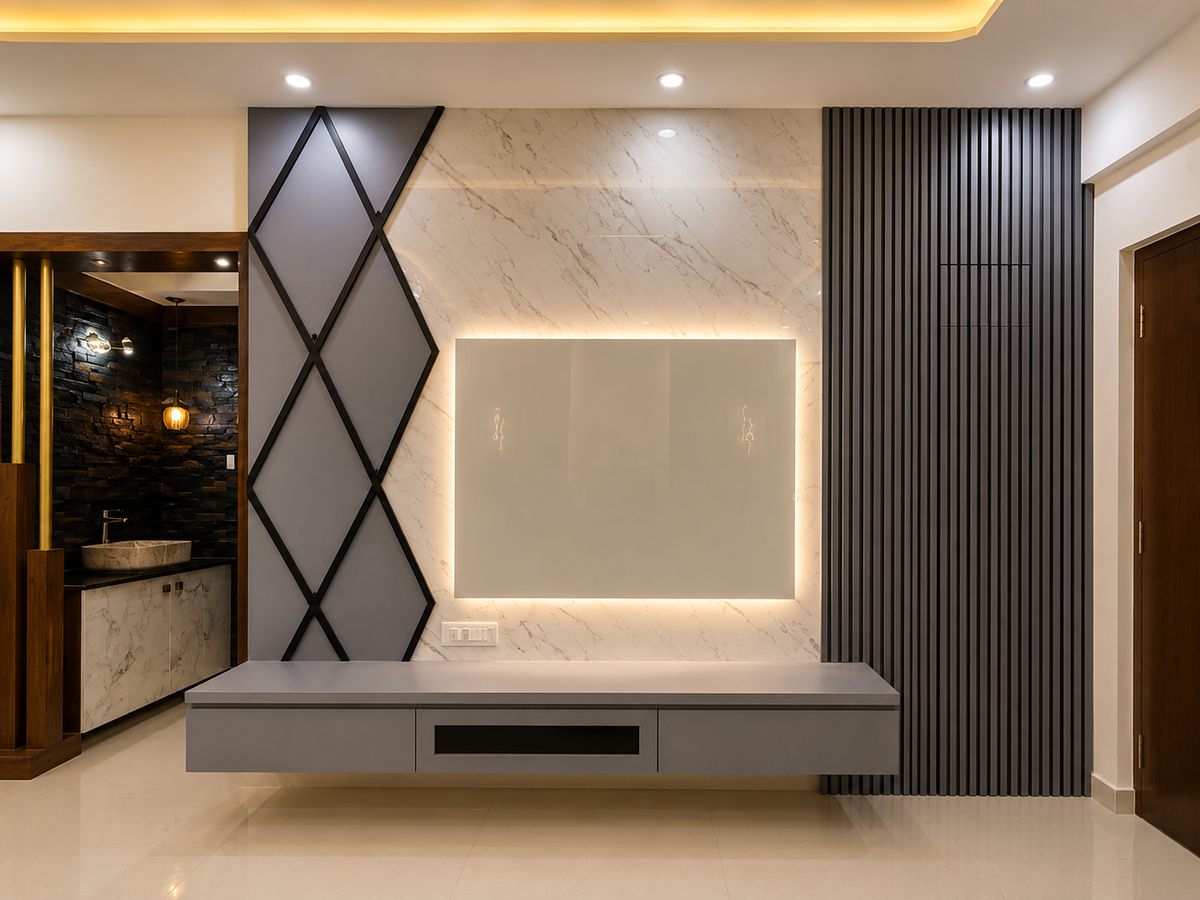 TV unit in marble with fluted grey panelling, Bengaluru interior by LuxeMorph Studios