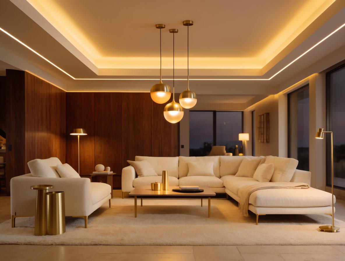 Modern living room with a layered false ceiling and warm cove lighting